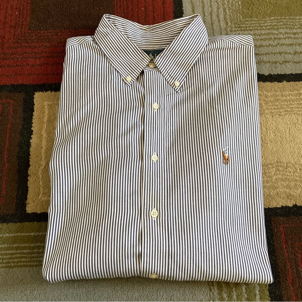 Ralph Lauren Classic Fit White Grey Striped Button Down Shirt Sz 17.5 34/35